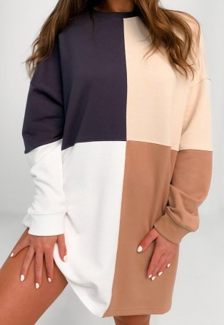 Missguided beige colourblock oversized sweater dress – colour block crew neck sweat dresses - flipped