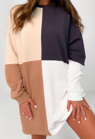 Missguided beige colourblock oversized sweater dress – colour block crew neck sweat dresses