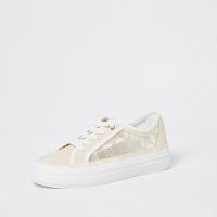 RIVER ISLAND Beige RI monogram mesh lace up trainers / semi sheer logo trainers / sports luxe shoes