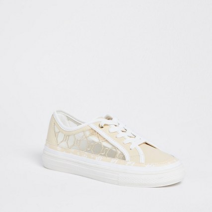 RIVER ISLAND Beige RI monogram mesh lace up trainers / semi sheer logo trainers / sports luxe shoes - flipped