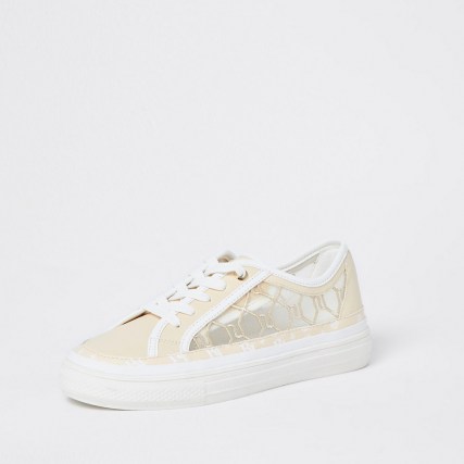 RIVER ISLAND Beige RI monogram mesh lace up trainers / semi sheer logo trainers / sports luxe shoes