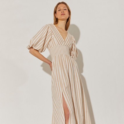 River Island Beige short puff sleeve stripe maxi dress | double front split summer dresses - flipped