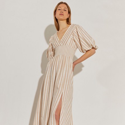 River Island Beige short puff sleeve stripe maxi dress | double front split summer dresses