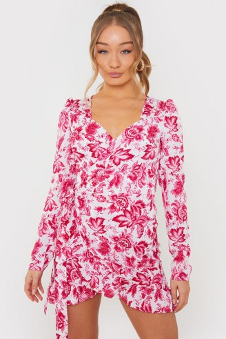 BILLIE FAIERS PINK FLORAL PUFF SLEEVE WRAP MINI DRESS / side tie going out dresses - flipped
