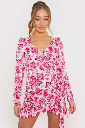 BILLIE FAIERS PINK FLORAL PUFF SLEEVE WRAP MINI DRESS / side tie going out dresses