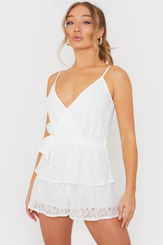 BILLIE FAIERS WHITE WRAP LACE PLAYSUIT / strappy plunge front playsuits / celebrity inspired fashion - flipped