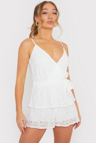 BILLIE FAIERS WHITE WRAP LACE PLAYSUIT / strappy plunge front playsuits / celebrity inspired fashion
