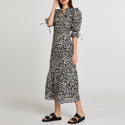 River Island Black animal print smock dress – dresses with puff sleeves and tie detail - flipped