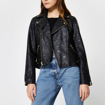 River Island Black embossed biker jacket – classic zip detail jackets - flipped