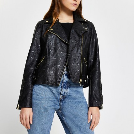 River Island Black embossed biker jacket – classic zip detail jackets