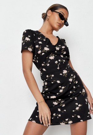 MISSGUIDED black floral print half button tea dress