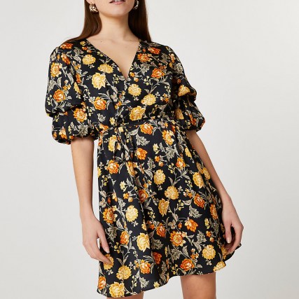 River Island Black floral puff sleeve mini dress – tie waist dresses - flipped