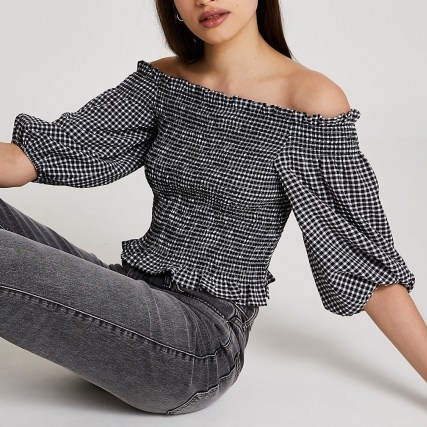 River Island Black gingham shirred bardot top – checked off the shoulder tops - flipped