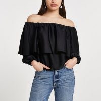 River Island Black layered frill bardot top – tiered off the shoulder tops