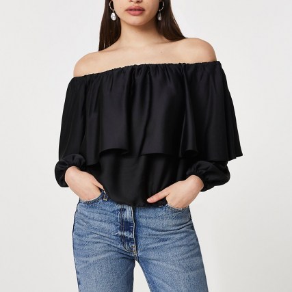 River Island Black layered frill bardot top – tiered off the shoulder tops - flipped