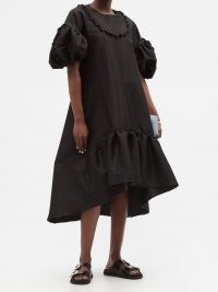 KIKA VARGAS Black puff-sleeve silk-blend taffeta dress