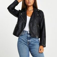 River Island Black RI faux leather quilted biker jacket – classic zip detail jackets