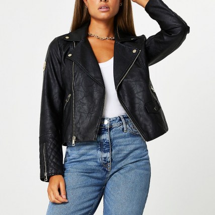 River Island Black RI faux leather quilted biker jacket – classic zip detail jackets - flipped