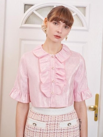 SISTER JANE Affection Ruffle Cropped Blouse / metallic pink crop hem blouses - flipped