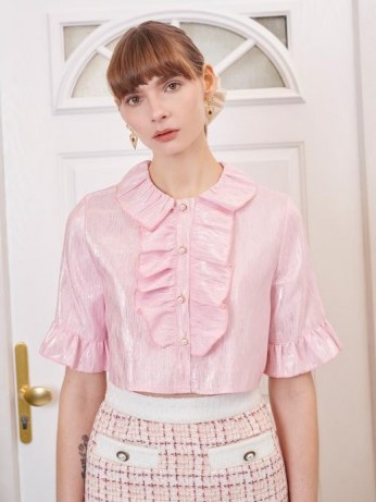 SISTER JANE Affection Ruffle Cropped Blouse / metallic pink crop hem blouses