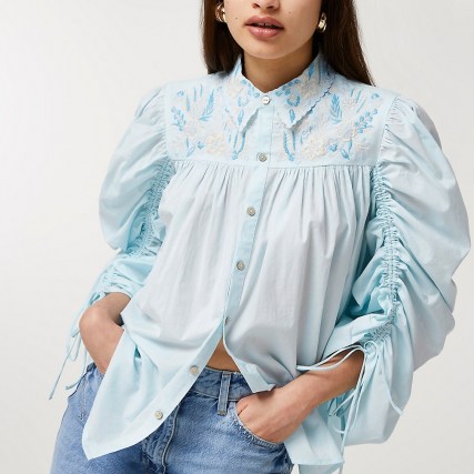River Island Blue floral embroidered ruched blouse top – gathered balloon sleeve blouses - flipped