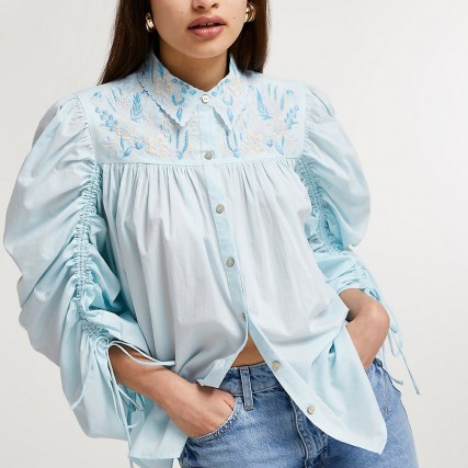 River Island Blue floral embroidered ruched blouse top – gathered balloon sleeve blouses