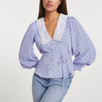 River Island Blue lace collar spot print top – balloon sleeve tops with tie waist