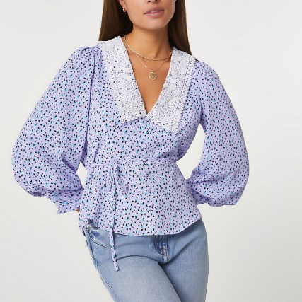 River Island Blue lace collar spot print top – balloon sleeve tops with tie waist - flipped