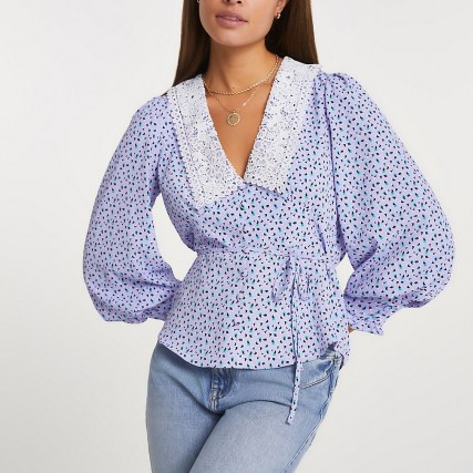 River Island Blue lace collar spot print top – balloon sleeve tops with tie waist