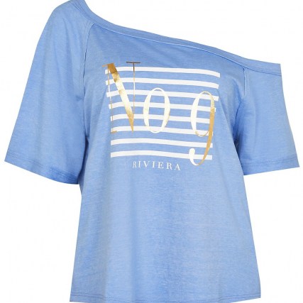 River Island Blue ‘No9’ stripe off the shoulder t-shirt – asymmetric tee