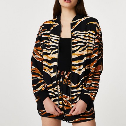 RIVER ISLAND Brown animal printed bomber jacket ~ casual front zip jackets - flipped