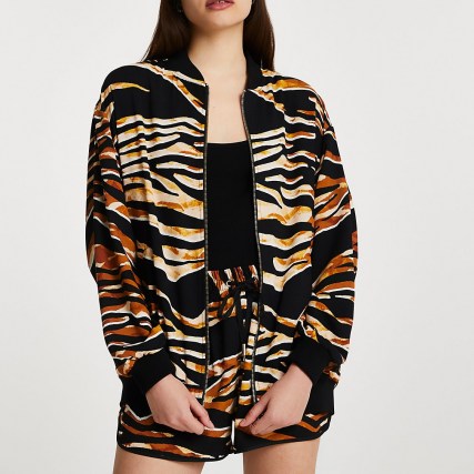 RIVER ISLAND Brown animal printed bomber jacket ~ casual front zip jackets
