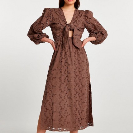 River Island Brown long sleeve cut out broderie midi dress | side slit front knot dresses