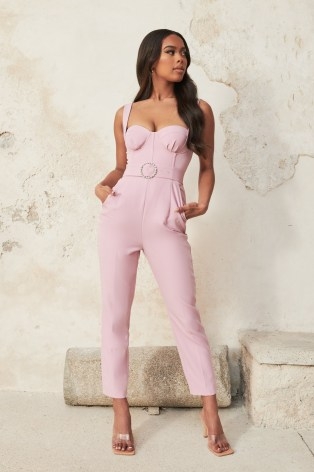 lavish alice bustier corset detail jumpsuit in lilac pink – fitted bust cup jumpsuits - flipped