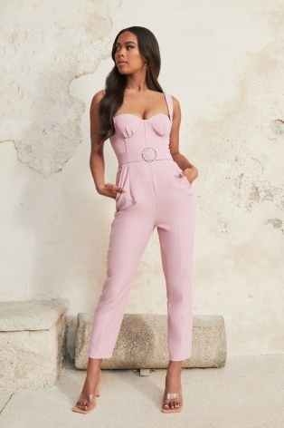 lavish alice bustier corset detail jumpsuit in lilac pink – fitted bust cup jumpsuits