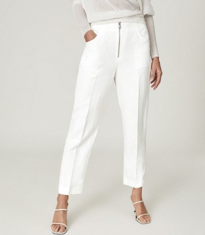 REISS CALLY LINEN BLEND TROUSERS WITH EXPOSED ZIP DETAIL WHITE / casual ankle grazing summer pants - flipped