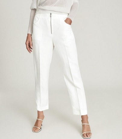 REISS CALLY LINEN BLEND TROUSERS WITH EXPOSED ZIP DETAIL WHITE / casual ankle grazing summer pants