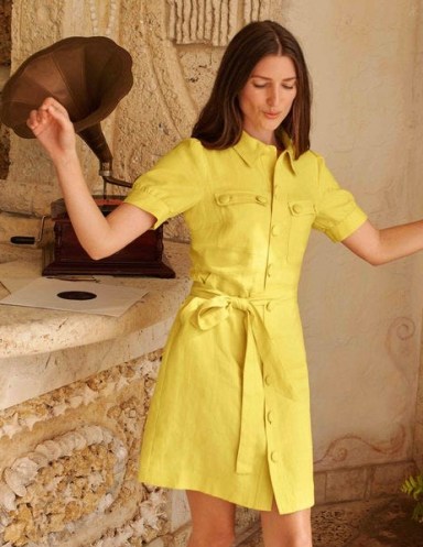 BODEN Carrie Linen Shirt Dress Daffodil / yellow collared tie waist dresses - flipped