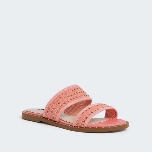 River Island Coral stud gold chain mule sandals | bright flat summer mules - flipped