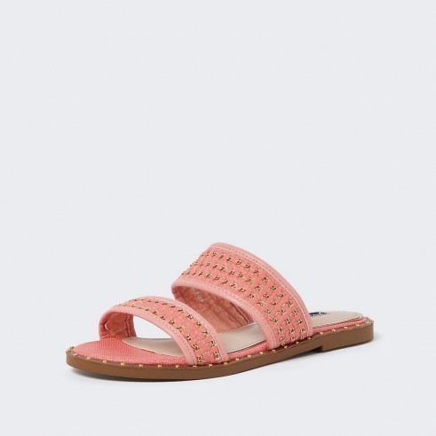 River Island Coral stud gold chain mule sandals | bright flat summer mules