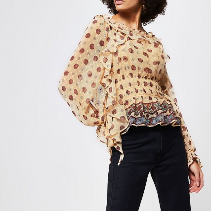 River Island Cream floral frill bardot blouse – shirred off the shoulder blouses - flipped