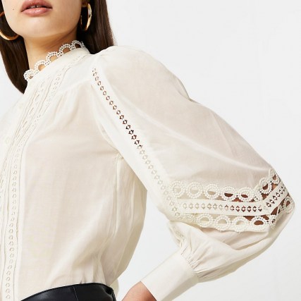 RIVER ISLAND Cream lace trim long sleeve blouse top ~ high neck blouses - flipped
