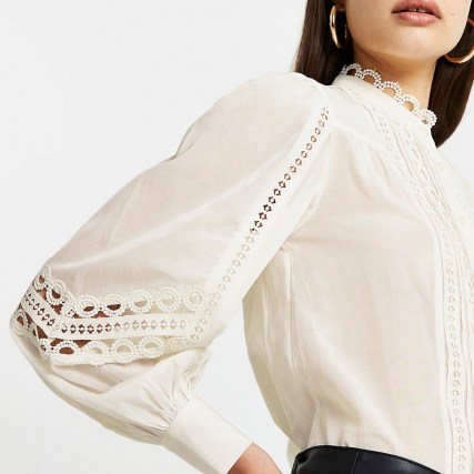 RIVER ISLAND Cream lace trim long sleeve blouse top ~ high neck blouses