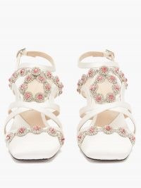 CHRISTOPHER KANE Crystal daisy-cupchain satin sandals / strappy low heels with pink and white crystals