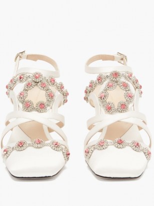 CHRISTOPHER KANE Crystal daisy-cupchain satin sandals / strappy low heels with pink and white crystals