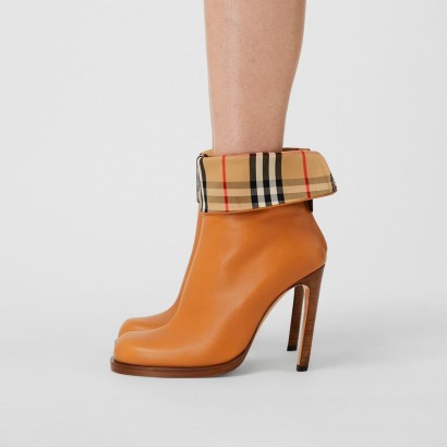 BURBERRY Vintage Check-lined Leather Ankle Boots in Ochre ~ cuffed high heel booties - flipped