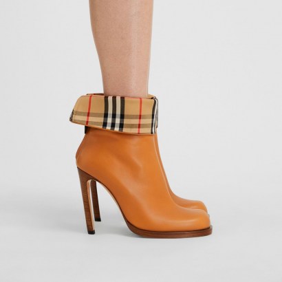 BURBERRY Vintage Check-lined Leather Ankle Boots in Ochre ~ cuffed high heel booties