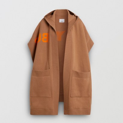 BURBERRY Horseferry Cashmere Blend Jacquard Hooded Cape in Camel ~ light brown designer logo capes - flipped