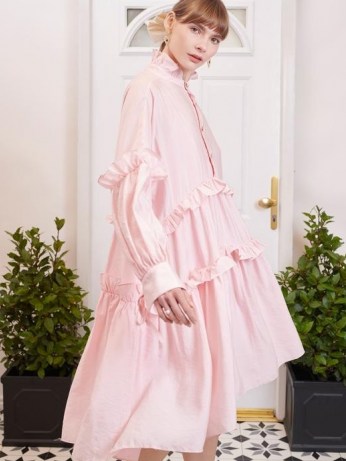 SISTER JANE Simply Ruffled Oversized Midi Dress ~ pink oversized high ruffle neck dresses - flipped
