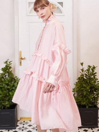 SISTER JANE Simply Ruffled Oversized Midi Dress ~ pink oversized high ruffle neck dresses